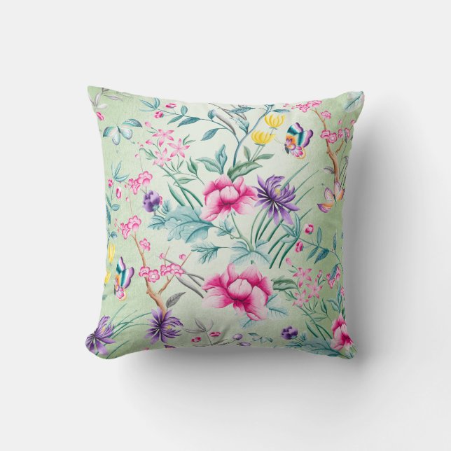 Bohemian Chinoiserie Tropical Mint Green Flowers Cushion (Front)