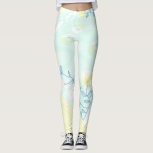 Bohemian Chintz Illustration Aqua Lemon Teal Leggings