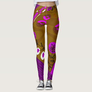 Bohemian Chintz Illustration Brown Purple Black Leggings