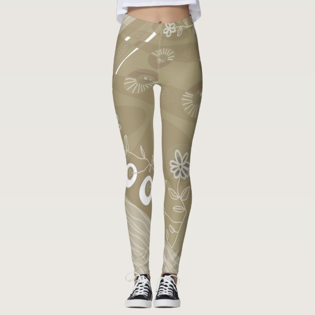 Bohemian Chintz Illustration Dusty Neutral Brown Leggings (Front)