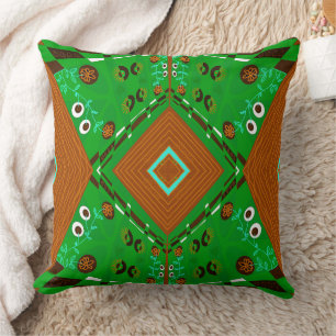 Bohemian Chintz Illustration Green Brown Turquoise Cushion