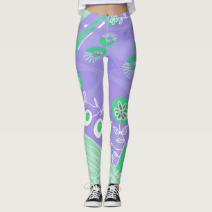 Bohemian Chintz Illustration Lavender Green White Leggings