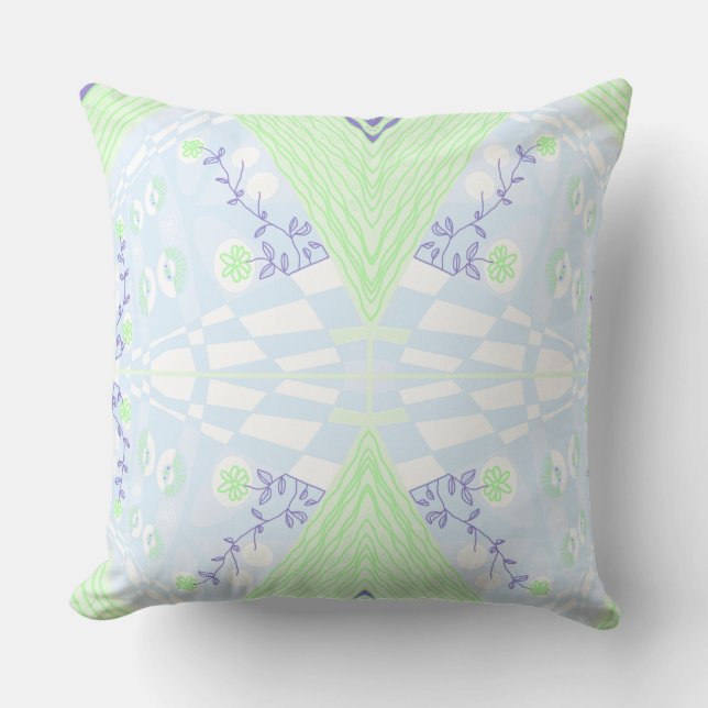 Bohemian Chintz Illustration Pastel Blue Green Cushion (Front)