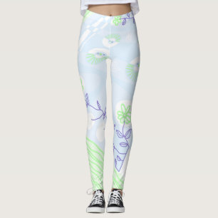 Bohemian Chintz Illustration Pastel Blue Green Leggings