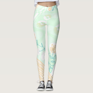 Bohemian Chintz Illustration Pastel Green Orange Leggings
