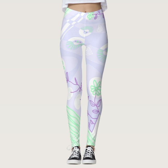 Bohemian Chintz Illustration Pastel Purple Green Leggings (Front)