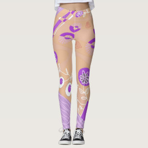 Bohemian Chintz Illustration Peach Purple White Leggings