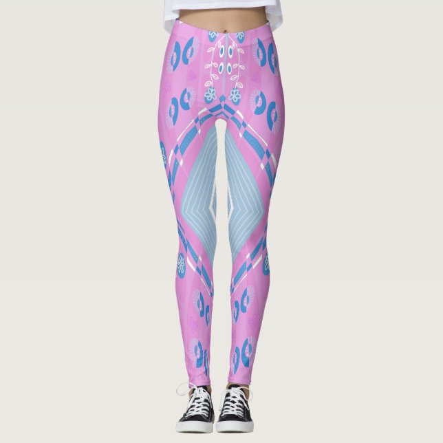 Bohemian Chintz Illustration Pink Blue White 1 Leggings (Front)