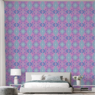 Bohemian Chintz Illustration Pink Blue White  Wallpaper