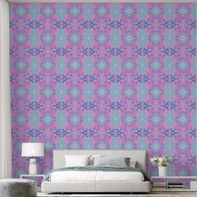 Bohemian Chintz Illustration Pink Blue White  Wallpaper (Bedroom)