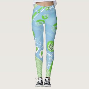 Bohemian Chintz Illustration Soft Blue Green White Leggings