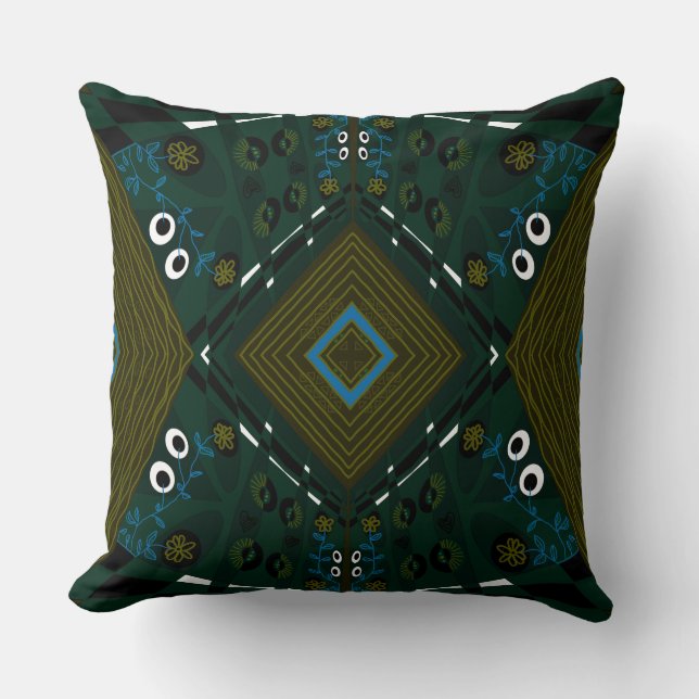 Bohemian Chintz Illustration Teal Olive Airforce  Cushion (Front)