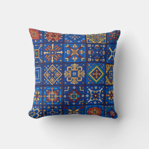 Bohemian Cobalt Blue Folk Art Geometric Motifs Cushion