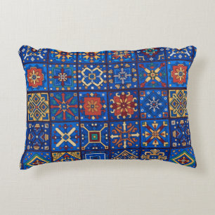 Bohemian Cobalt Blue Folk Art Geometric Motifs Decorative Cushion