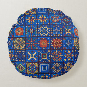 Bohemian Cobalt Blue Folk Art Geometric Motifs Round Cushion