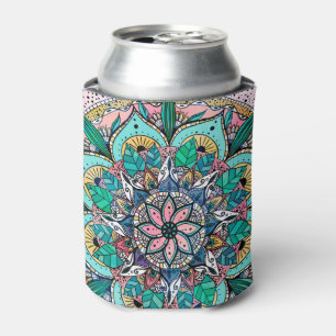 Bohemian Colourful Watercolor Floral Mandala Can Cooler