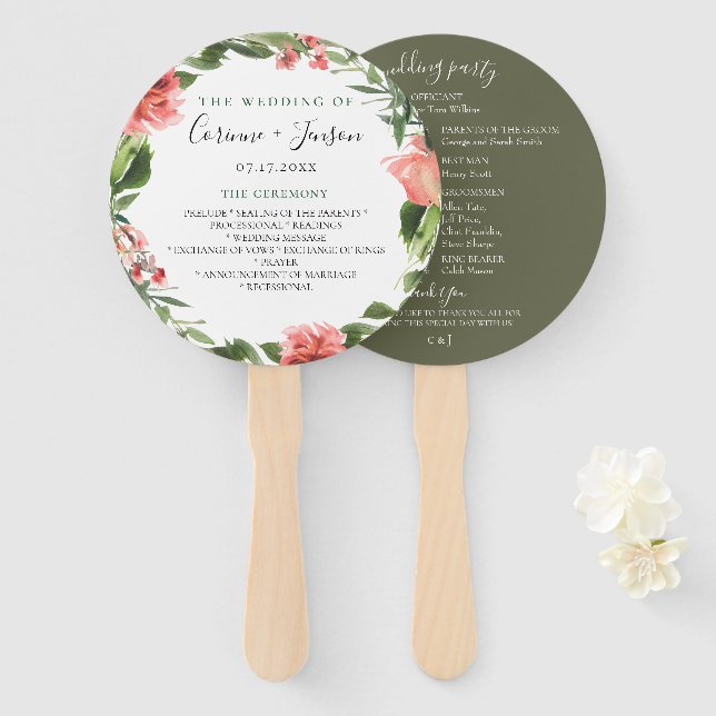 Bohemian Coral Floral Wedding Program Hand Fans (Front and Back)