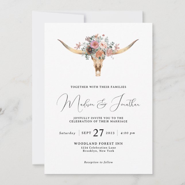 Bohemian Country Style Floral Bull Skull Wedding Invitation (Front)