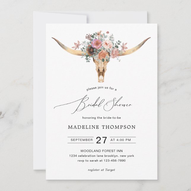 Bohemian Cow Skull Floral Watercolor Bridal Shower Invitation (Front)