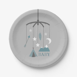 Bohemian Crib Mobile Modern Baby Shower Blue Paper Plate