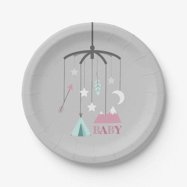 Bohemian Crib Mobile Modern Baby Shower Pink Paper Plate (Front)