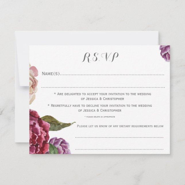 Bohemian Dark Floral Customised Wedding RSVP Card (Front)