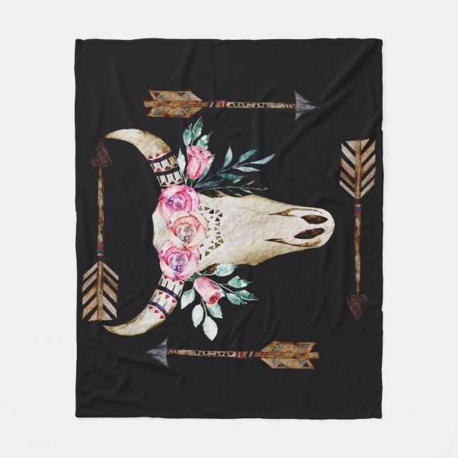Bohemian Deer Skull Watercolor Art Fleece Blanket (Front)