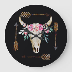 Bohemian Deer Skull Watercolor Art Large Clock