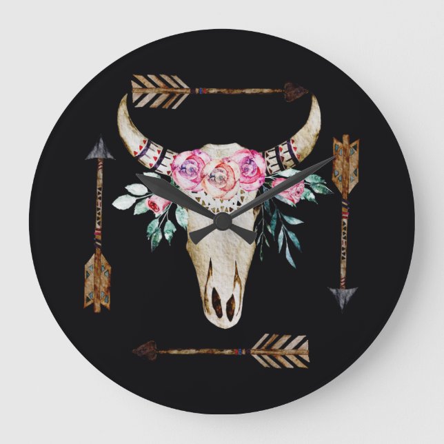 Bohemian Deer Skull Watercolor Art Large Clock (Front)