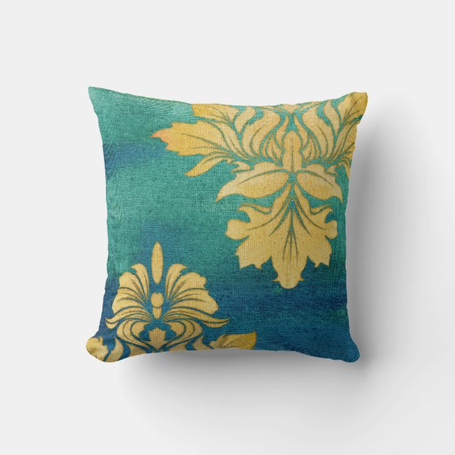 Bohemian Desert BOHO Blue Gold Damask Leaves Art Cushion (Front)
