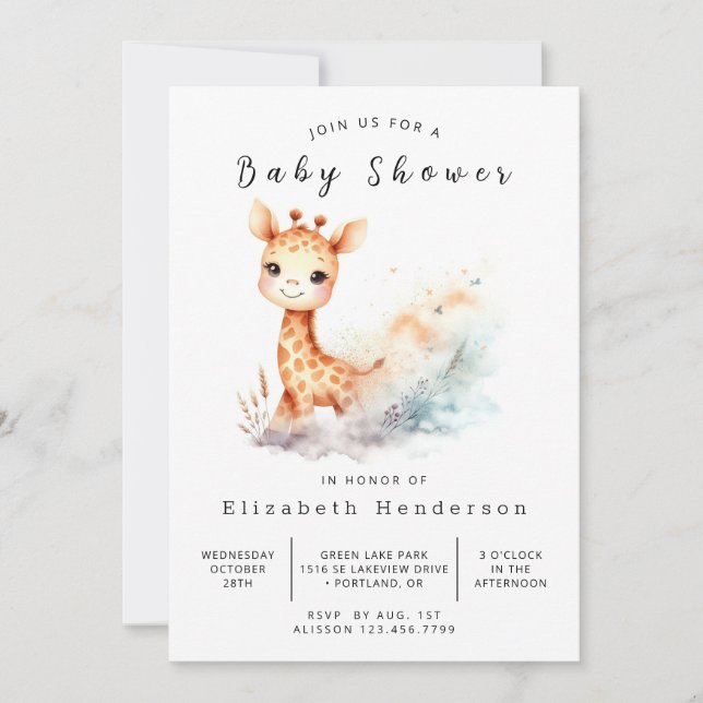  Bohemian Digital Giraffe Baby Shower Invitation (Front)