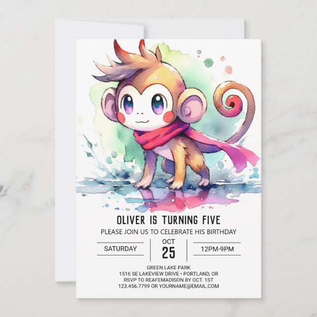 Bohemian Digital Monkey Birthday Invitation (Front)