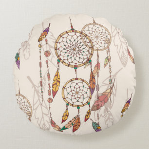Bohemian dream catcher with beads and feathers, se round cushion