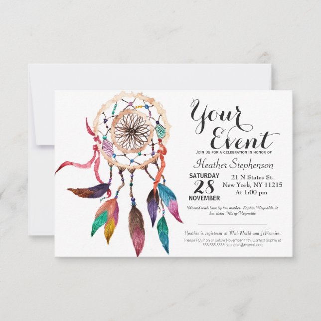 Bohemian Dreamcatcher in Vibrant Watercolor Paint Invitation (Front)
