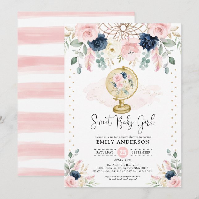 Bohemian Dreamcatcher Navy Blush Gold Baby Shower Invitation (Front/Back)