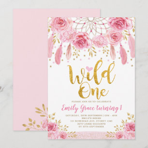 Bohemian Dreamcatcher Pink Gold Wild One Birthday Invitation