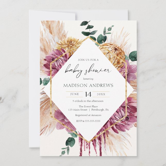 Bohemian Dried Bouquet Baby Shower Invitation (Front)