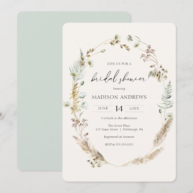 Bohemian Dried Bouquet Blue Bridal Shower Invitation (Front/Back)