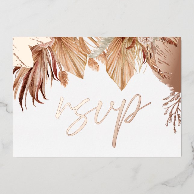 Bohemian Dried Floral Wedding Rose Gold Foil RSVP (Front)