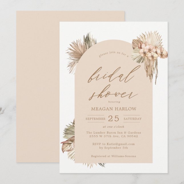 Bohemian Dried Palm Leaves Bridal Shower Invitatio Invitation (Front/Back)