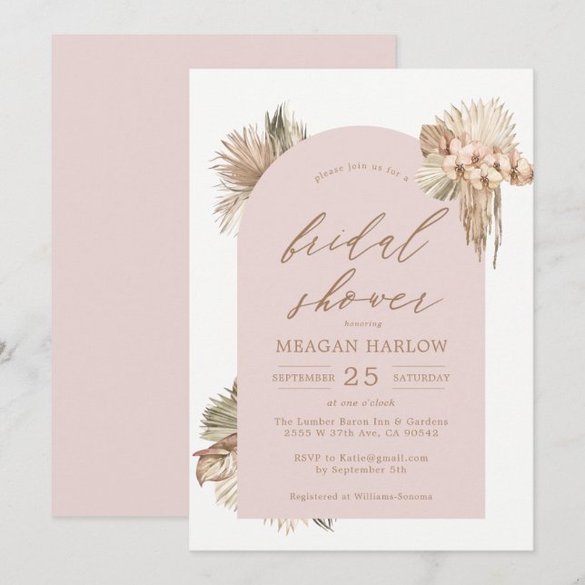Bohemian Dried Palm Leaves Pink Bridal Shower  Invitation (Front/Back)