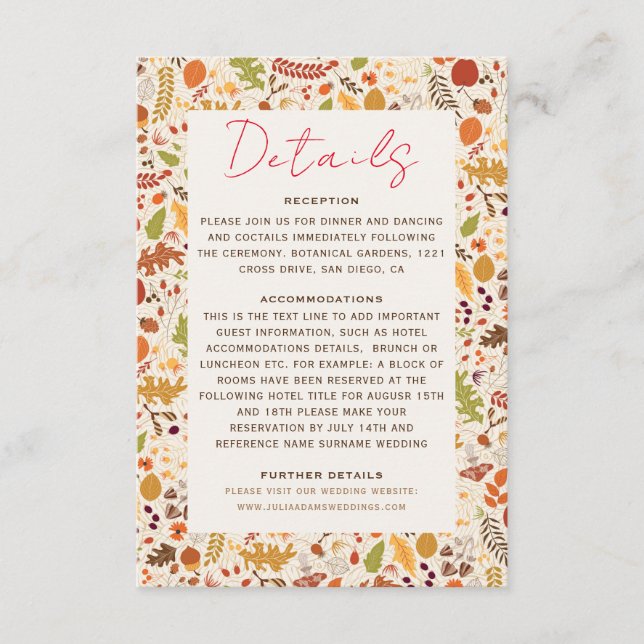 Bohemian Dried Rustic Floral Autumn Falls Wedding Enclosure Card (Front)
