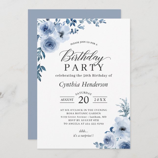 Bohemian Dusty Blue Floral Birthday Party Invitation (Front/Back)