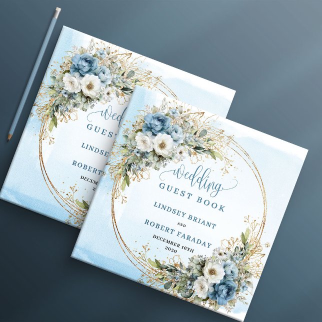Bohemian Dusty Blue Floral Gold Wedding Guest Book (Bohemian Dusty Blue Floral Gold Wedding Guest Book)