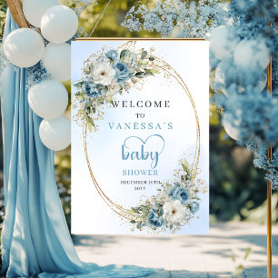 Bohemian Dusty Blue Floral Greenery Baby Shower  Poster