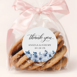 Bohemian Dusty Blue Floral Thank You Favour Classic Round Sticker