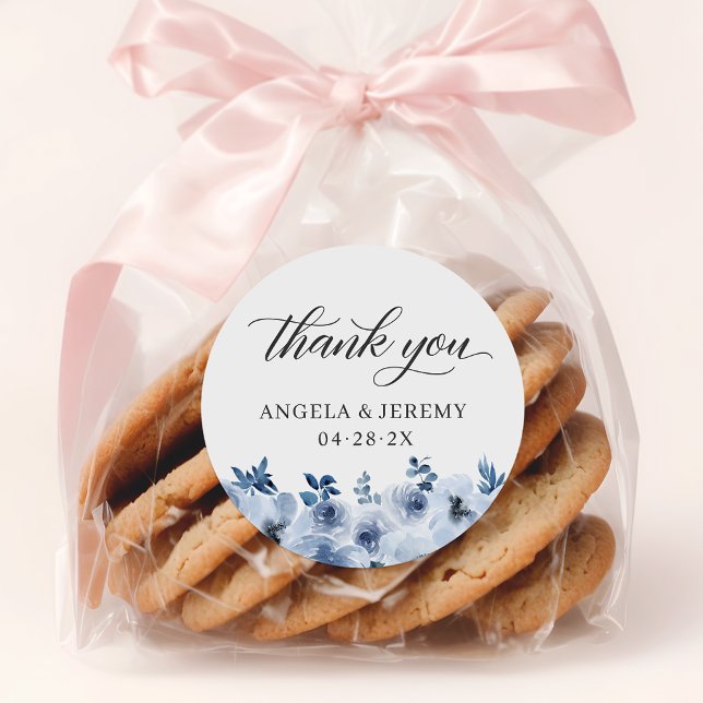 Bohemian Dusty Blue Floral Thank You Favour Classic Round Sticker (Creator Uploaded)