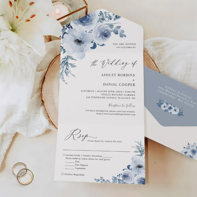 Bohemian Dusty Blue Floral Wedding All In One Invitation (Creator Uploaded)