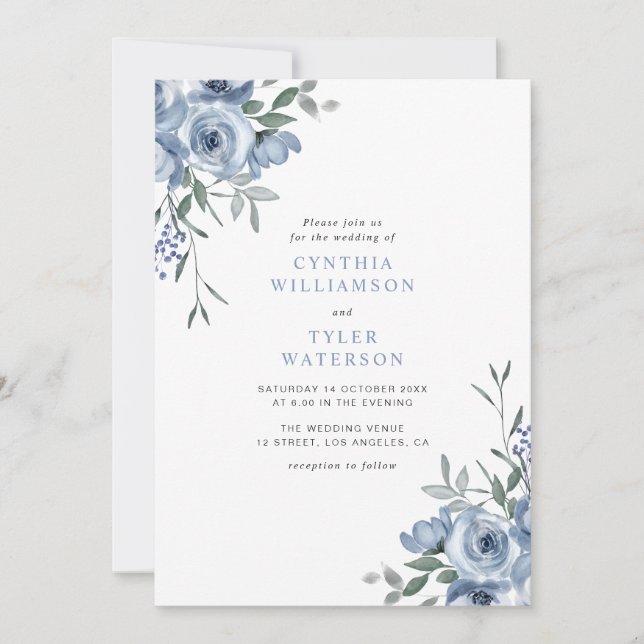 bohemian dusty blue floral wedding invitation (Front)