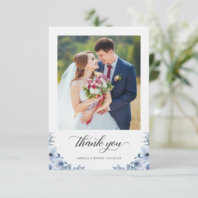 Bohemian Dusty Blue Floral Wedding Photo Thank You Card (Standing Front)